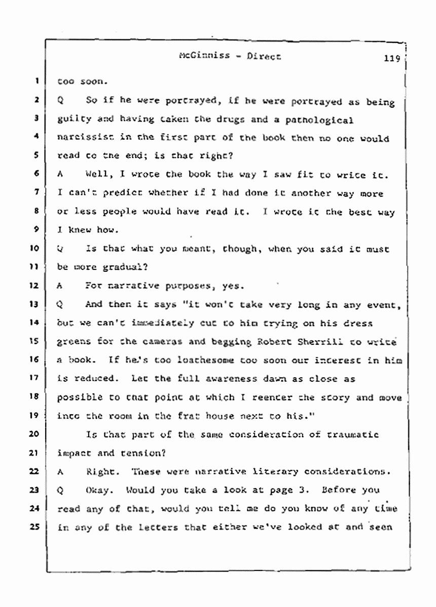 Los Angeles, California Civil Trial<br>Jeffrey MacDonald vs. Joe McGinniss<br><br>July 21, 1987:<br>Plaintiff's Witness: Joe McGinniss, p. 119