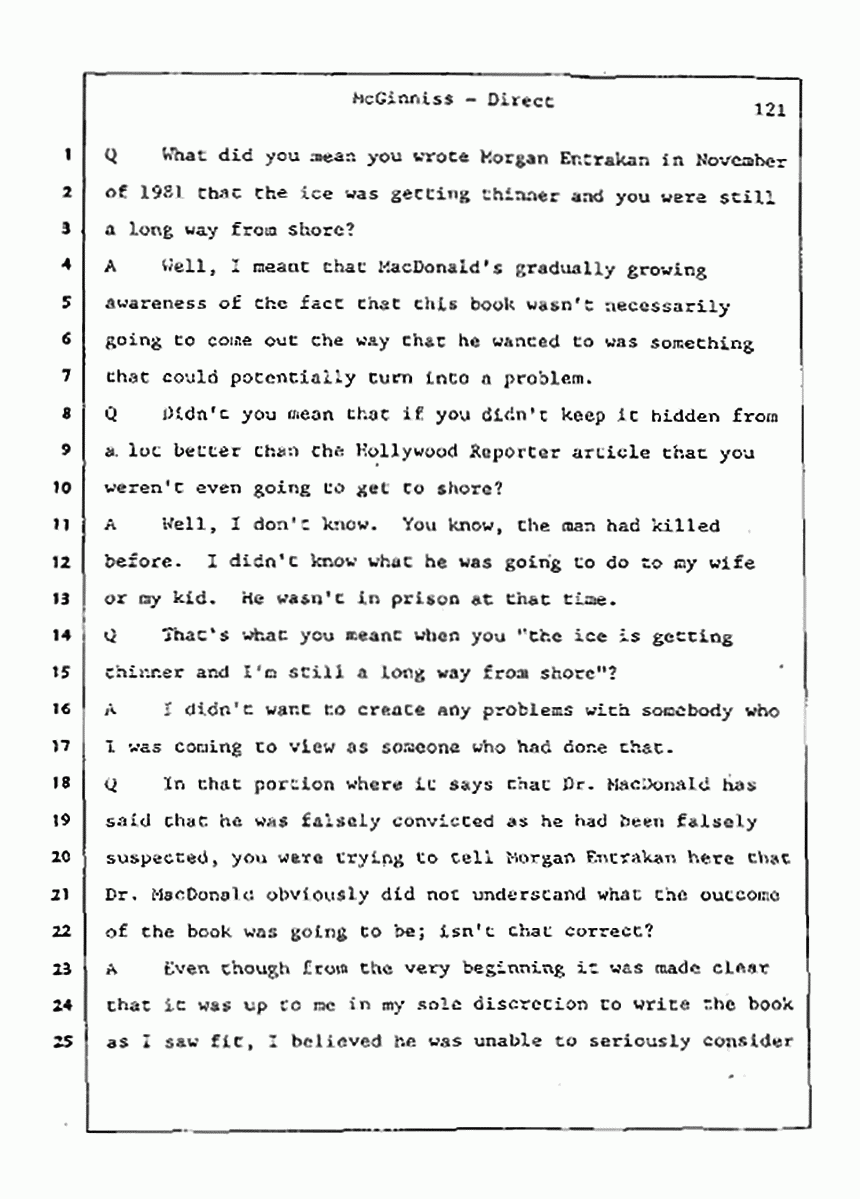 Los Angeles, California Civil Trial<br>Jeffrey MacDonald vs. Joe McGinniss<br><br>July 21, 1987:<br>Plaintiff's Witness: Joe McGinniss, p. 121