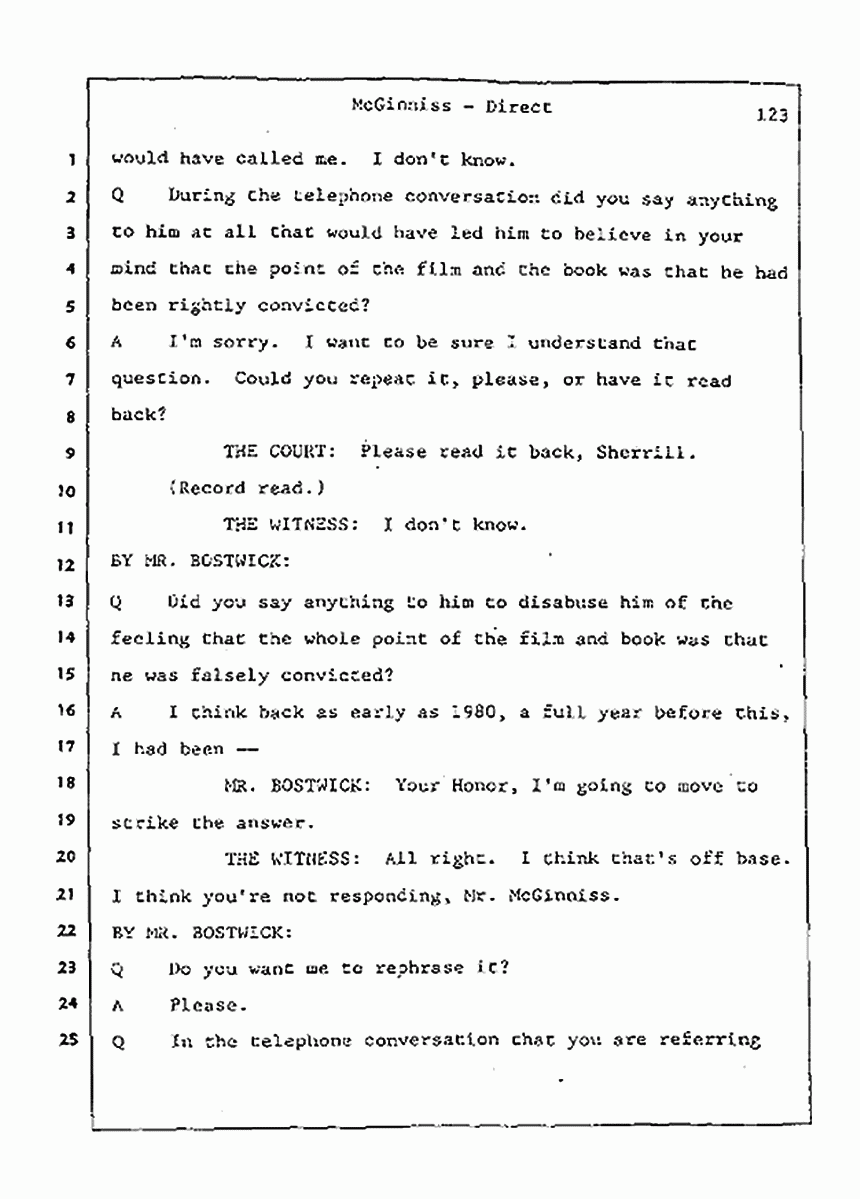 Los Angeles, California Civil Trial<br>Jeffrey MacDonald vs. Joe McGinniss<br><br>July 21, 1987:<br>Plaintiff's Witness: Joe McGinniss, p. 123