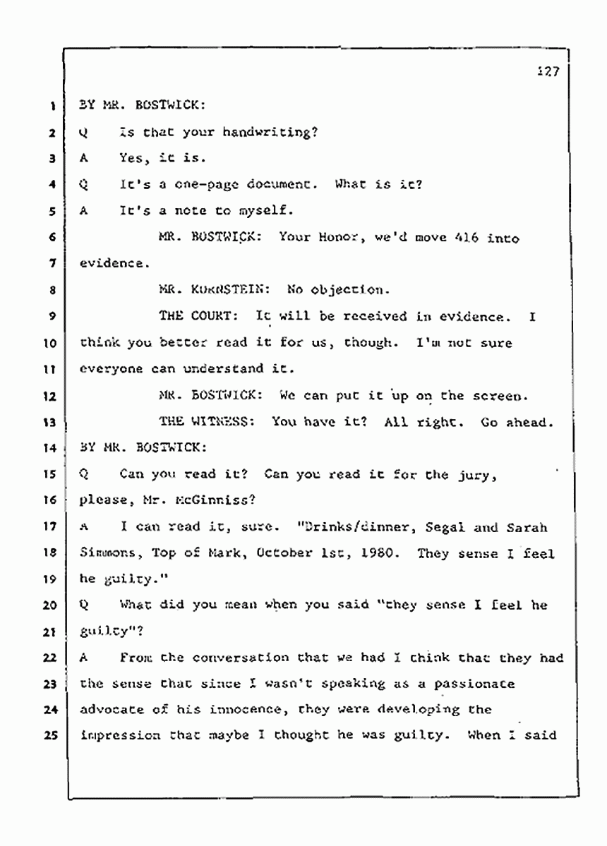 Los Angeles, California Civil Trial<br>Jeffrey MacDonald vs. Joe McGinniss<br><br>July 21, 1987:<br>Plaintiff's Witness: Joe McGinniss, p. 127