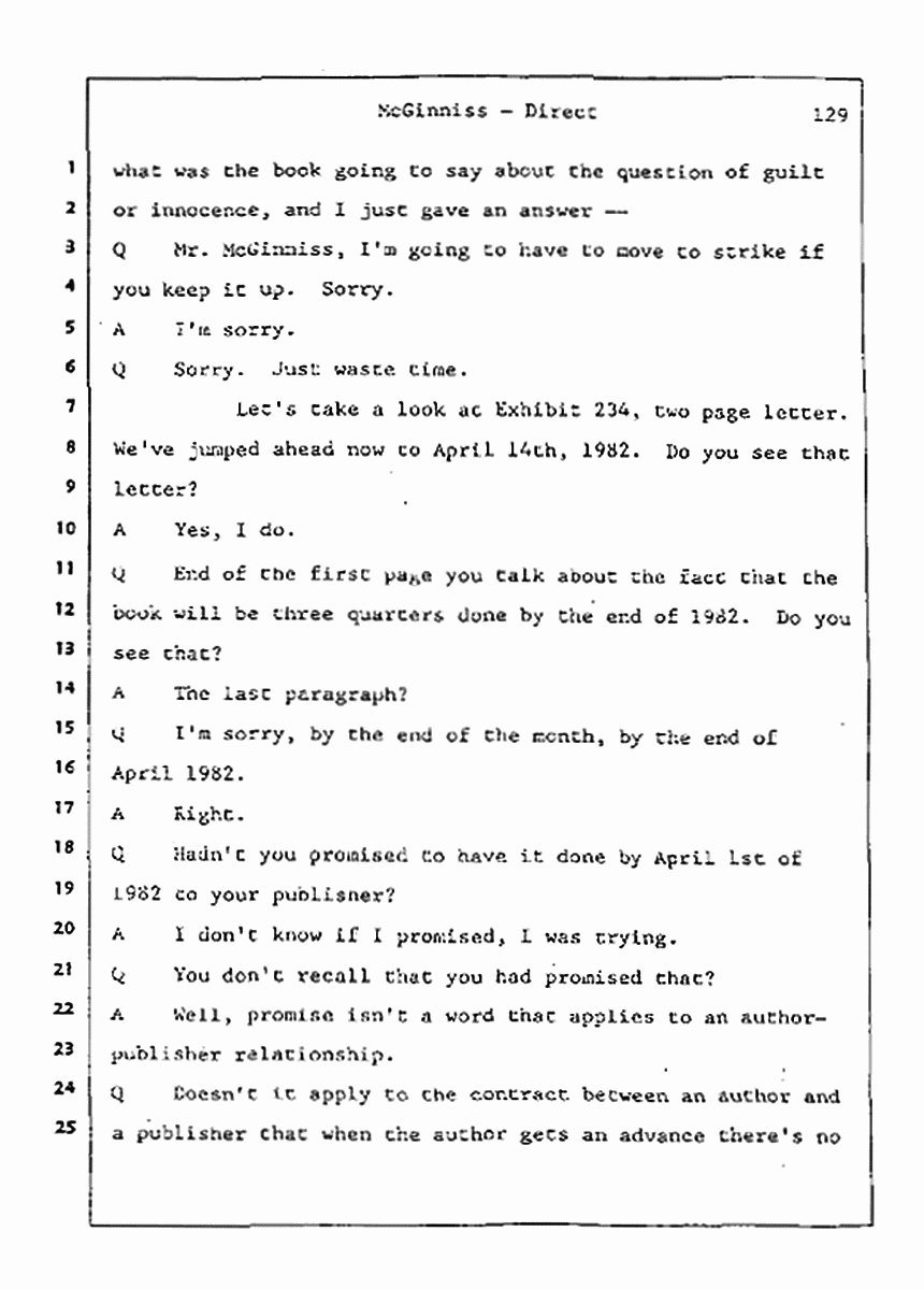Los Angeles, California Civil Trial<br>Jeffrey MacDonald vs. Joe McGinniss<br><br>July 21, 1987:<br>Plaintiff's Witness: Joe McGinniss, p. 129
