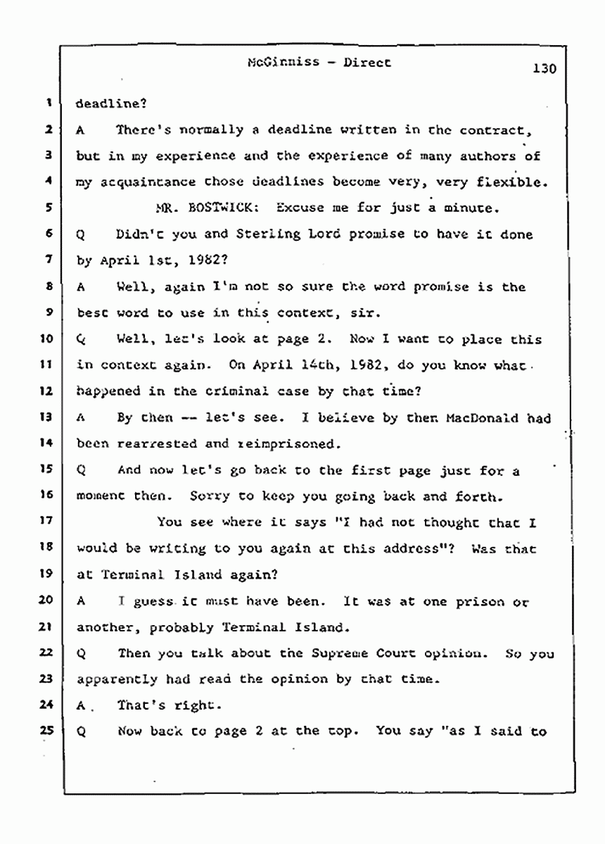 Los Angeles, California Civil Trial<br>Jeffrey MacDonald vs. Joe McGinniss<br><br>July 21, 1987:<br>Plaintiff's Witness: Joe McGinniss, p. 130