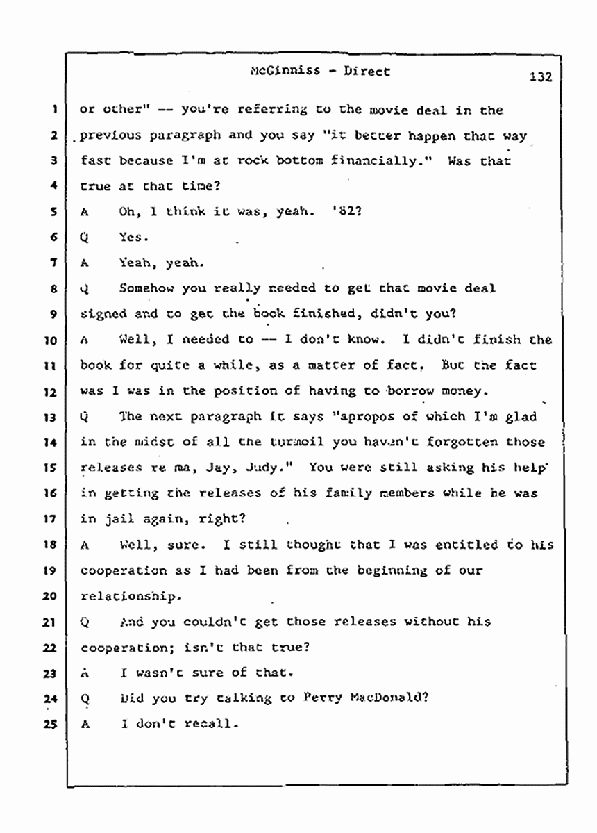 Los Angeles, California Civil Trial<br>Jeffrey MacDonald vs. Joe McGinniss<br><br>July 21, 1987:<br>Plaintiff's Witness: Joe McGinniss, p. 132