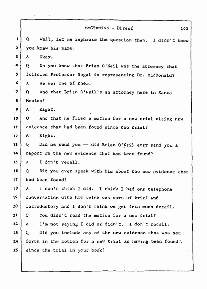 Los Angeles, California Civil Trial<br>Jeffrey MacDonald vs. Joe McGinniss<br><br>July 21, 1987:<br>Plaintiff's Witness: Joe McGinniss, p. 145
