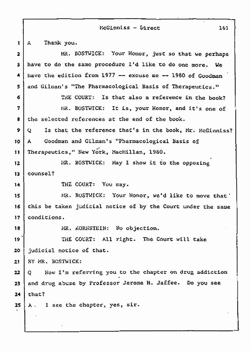 Los Angeles, California Civil Trial<br>Jeffrey MacDonald vs. Joe McGinniss<br><br>July 21, 1987:<br>Plaintiff's Witness: Joe McGinniss, p. 161