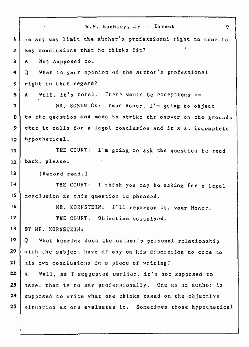 Los Angeles, California Civil Trial<br>Jeffrey MacDonald vs. Joe McGinniss<br><br>July 22, 1987:<br>Defendant's Witness: William F. Buckley, Jr., p. 9