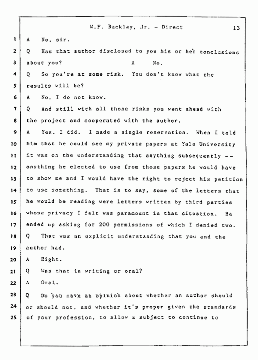 Los Angeles, California Civil Trial<br>Jeffrey MacDonald vs. Joe McGinniss<br><br>July 22, 1987:<br>Defendant's Witness: William F. Buckley, Jr., p. 13