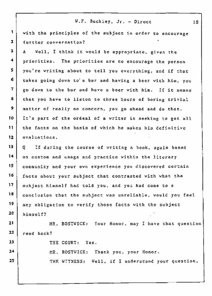 Los Angeles, California Civil Trial<br>Jeffrey MacDonald vs. Joe McGinniss<br><br>July 22, 1987:<br>Defendant's Witness: William F. Buckley, Jr., p. 18