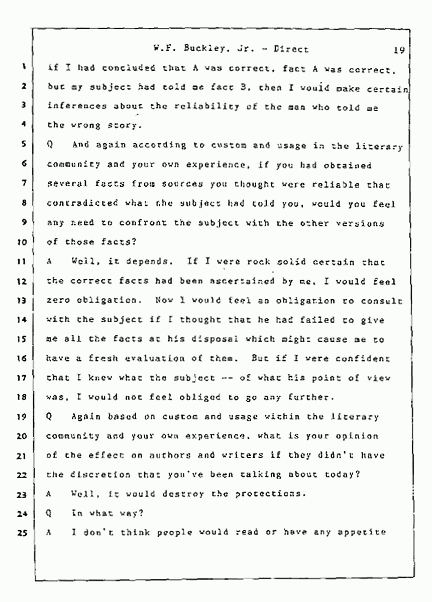 Los Angeles, California Civil Trial<br>Jeffrey MacDonald vs. Joe McGinniss<br><br>July 22, 1987:<br>Defendant's Witness: William F. Buckley, Jr., p. 19