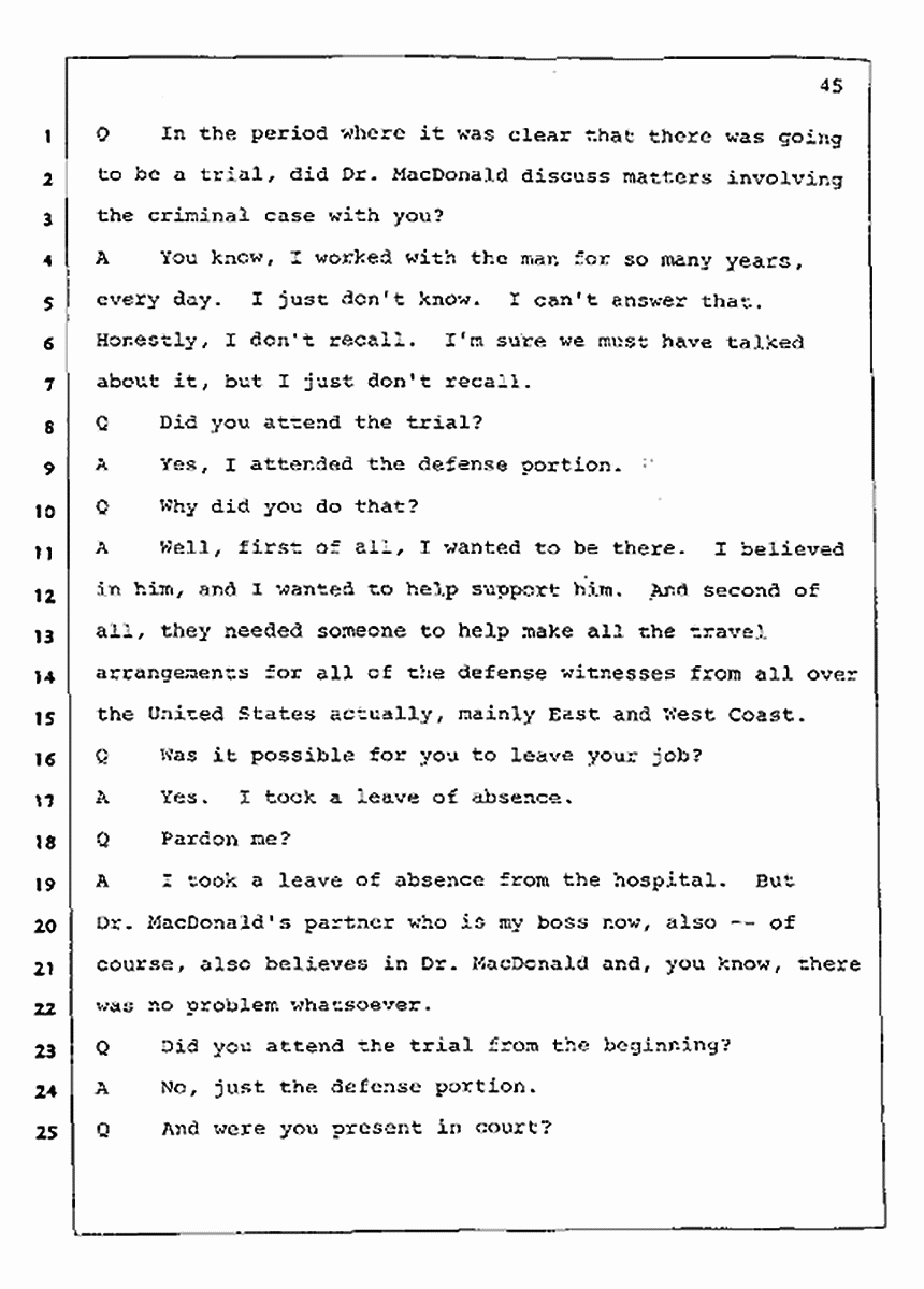Los Angeles, California Civil Trial<br>Jeffrey MacDonald vs. Joe McGinniss<br><br>July 23, 1987:<br>Plaintiff's Witness: Barbara Gallagher, p. 45