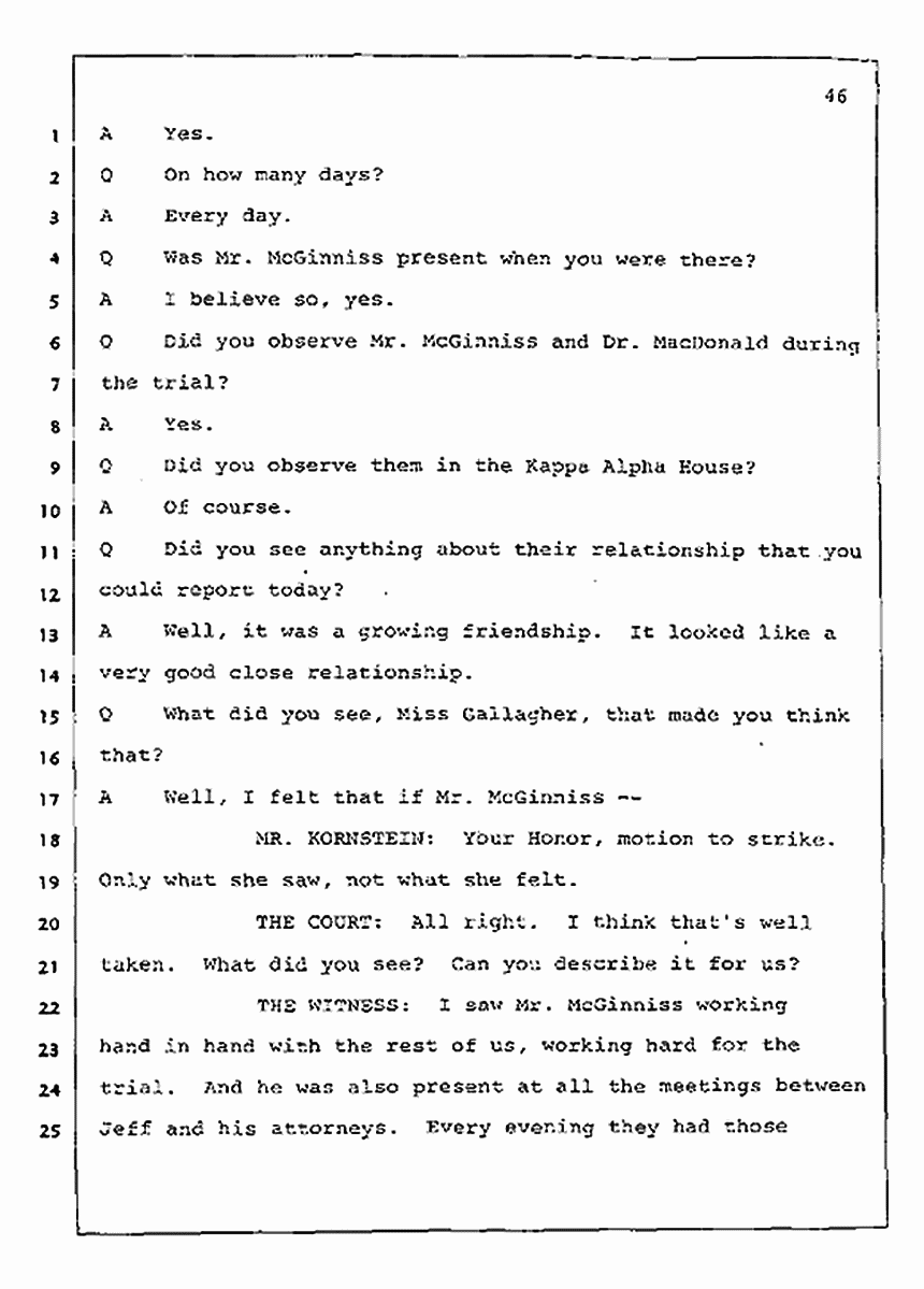 Los Angeles, California Civil Trial<br>Jeffrey MacDonald vs. Joe McGinniss<br><br>July 23, 1987:<br>Plaintiff's Witness: Barbara Gallagher, p. 46