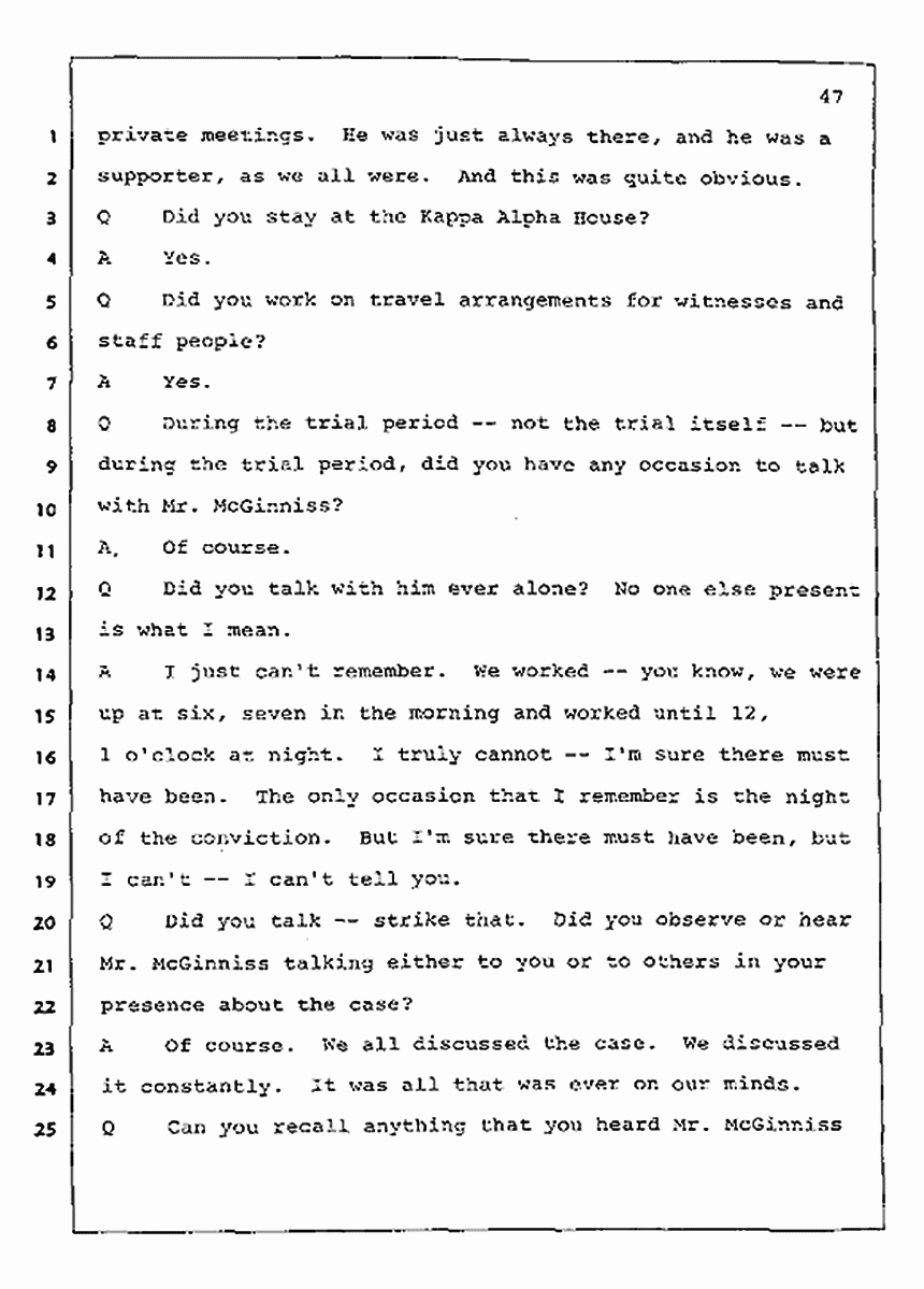 Los Angeles, California Civil Trial<br>Jeffrey MacDonald vs. Joe McGinniss<br><br>July 23, 1987:<br>Plaintiff's Witness: Barbara Gallagher, p. 47
