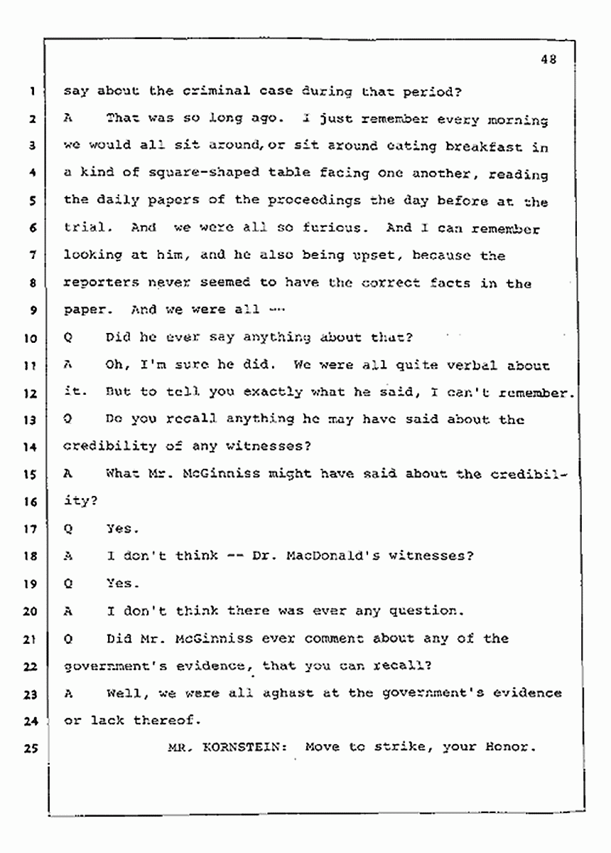 Los Angeles, California Civil Trial<br>Jeffrey MacDonald vs. Joe McGinniss<br><br>July 23, 1987:<br>Plaintiff's Witness: Barbara Gallagher, p. 48
