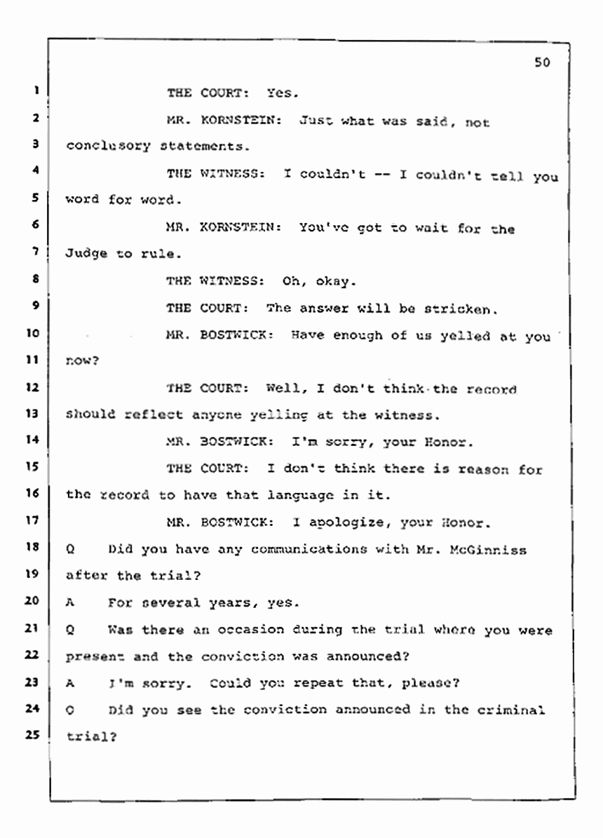 Los Angeles, California Civil Trial<br>Jeffrey MacDonald vs. Joe McGinniss<br><br>July 23, 1987:<br>Plaintiff's Witness: Barbara Gallagher, p. 50