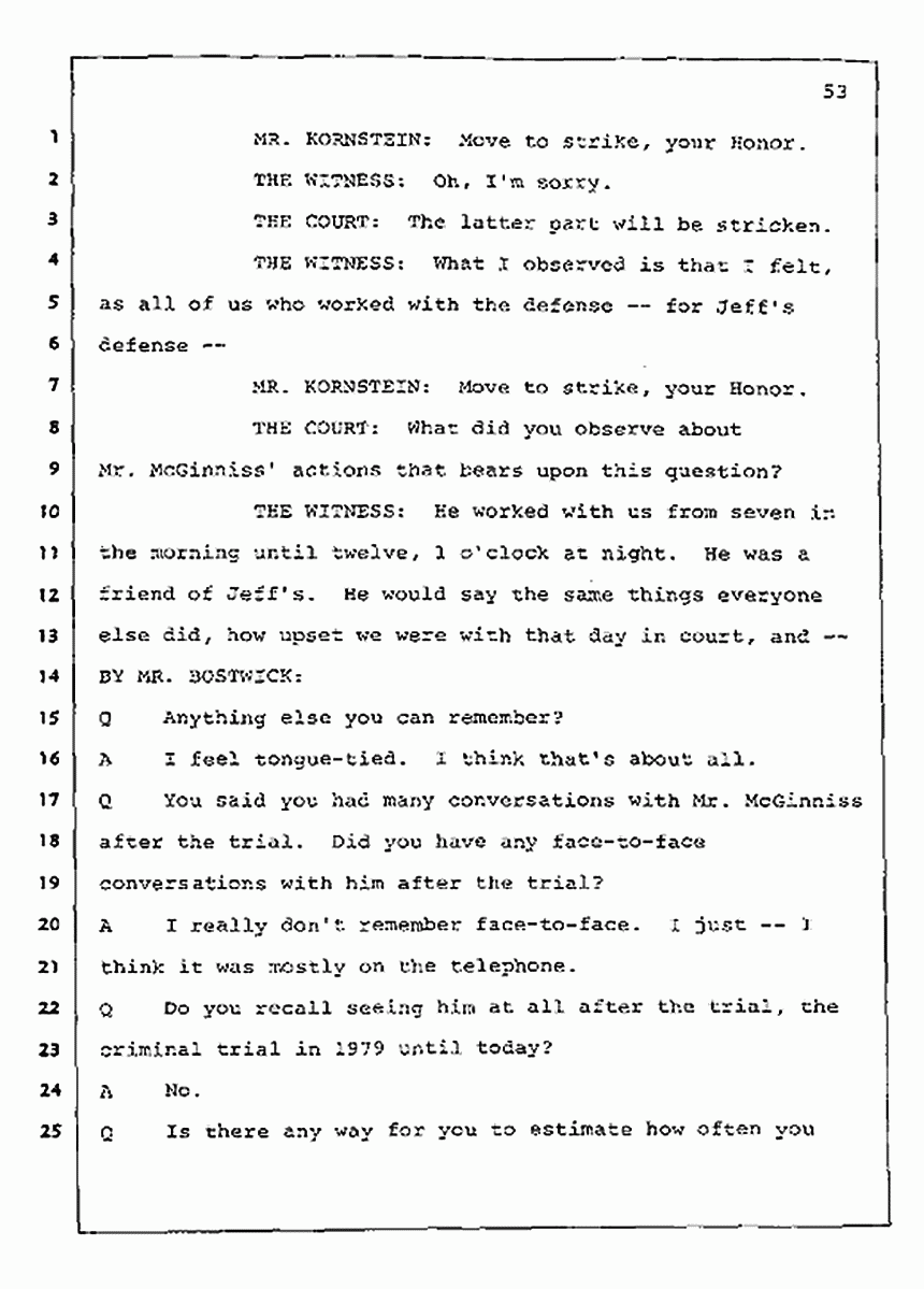 Los Angeles, California Civil Trial<br>Jeffrey MacDonald vs. Joe McGinniss<br><br>July 23, 1987:<br>Plaintiff's Witness: Barbara Gallagher, p. 53