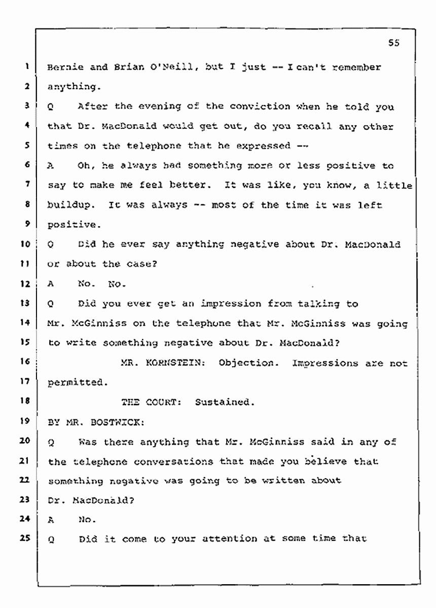 Los Angeles, California Civil Trial<br>Jeffrey MacDonald vs. Joe McGinniss<br><br>July 23, 1987:<br>Plaintiff's Witness: Barbara Gallagher, p. 55