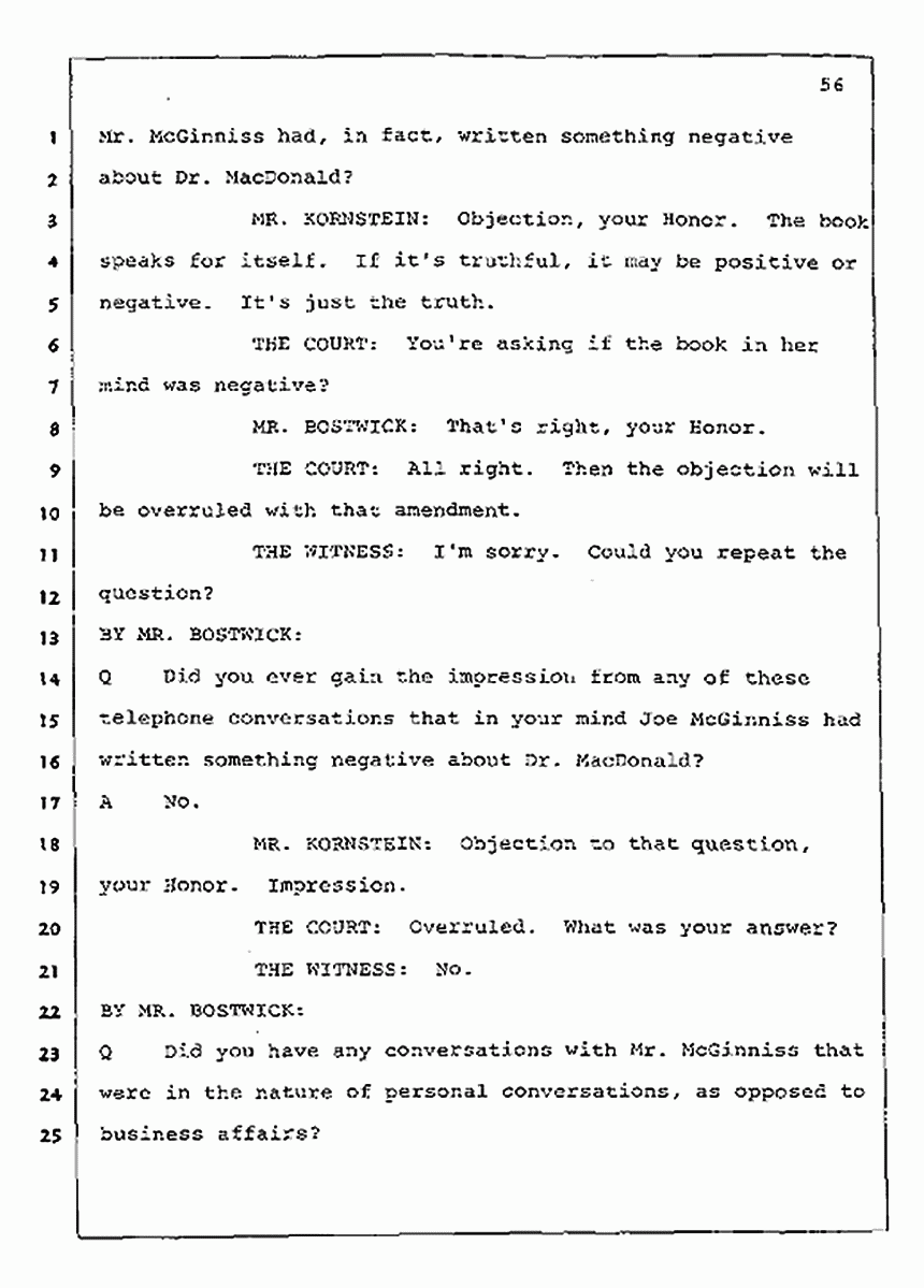 Los Angeles, California Civil Trial<br>Jeffrey MacDonald vs. Joe McGinniss<br><br>July 23, 1987:<br>Plaintiff's Witness: Barbara Gallagher, p. 56