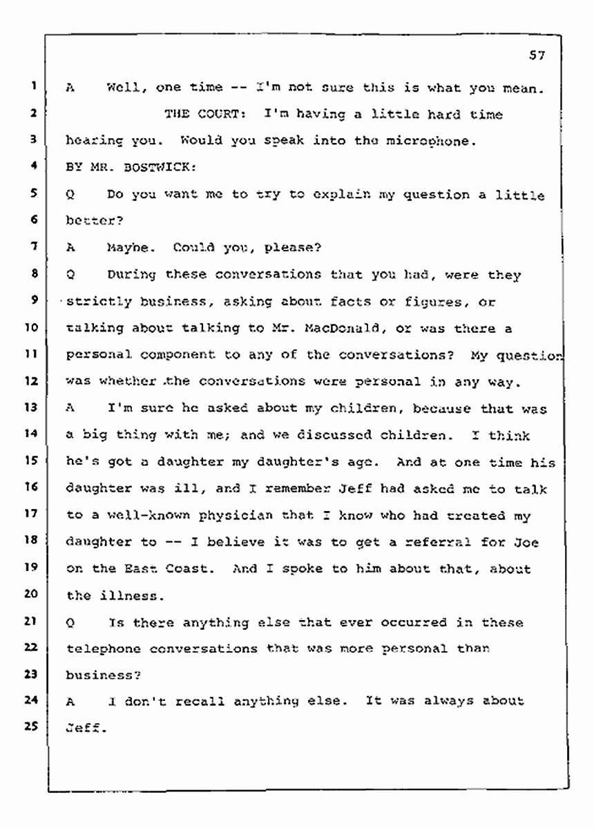 Los Angeles, California Civil Trial<br>Jeffrey MacDonald vs. Joe McGinniss<br><br>July 23, 1987:<br>Plaintiff's Witness: Barbara Gallagher, p. 57