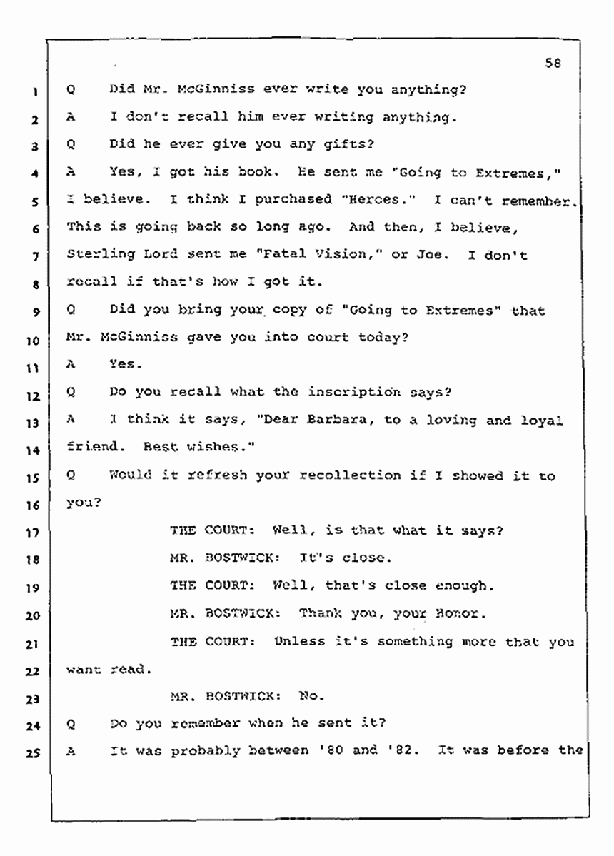 Los Angeles, California Civil Trial<br>Jeffrey MacDonald vs. Joe McGinniss<br><br>July 23, 1987:<br>Plaintiff's Witness: Barbara Gallagher, p. 58