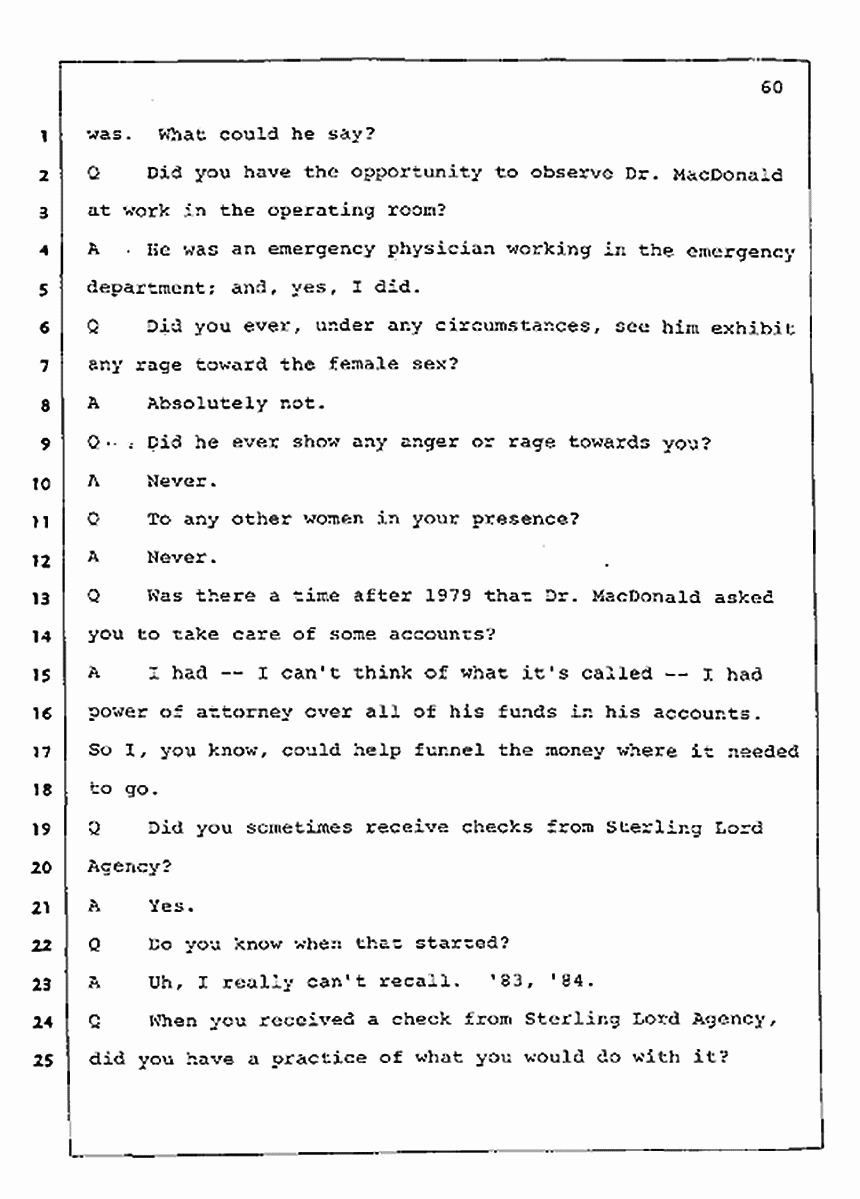 Los Angeles, California Civil Trial<br>Jeffrey MacDonald vs. Joe McGinniss<br><br>July 23, 1987:<br>Plaintiff's Witness: Barbara Gallagher, p. 60