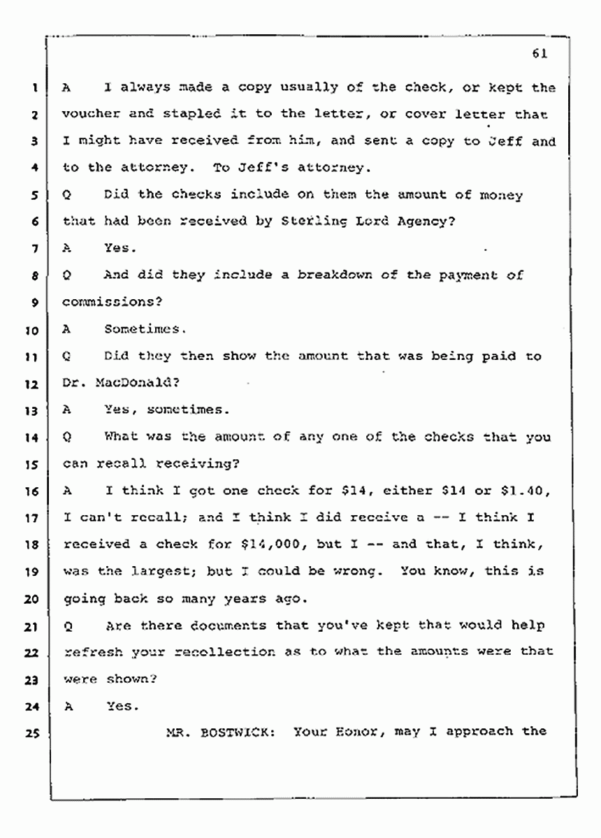 Los Angeles, California Civil Trial<br>Jeffrey MacDonald vs. Joe McGinniss<br><br>July 23, 1987:<br>Plaintiff's Witness: Barbara Gallagher, p. 61