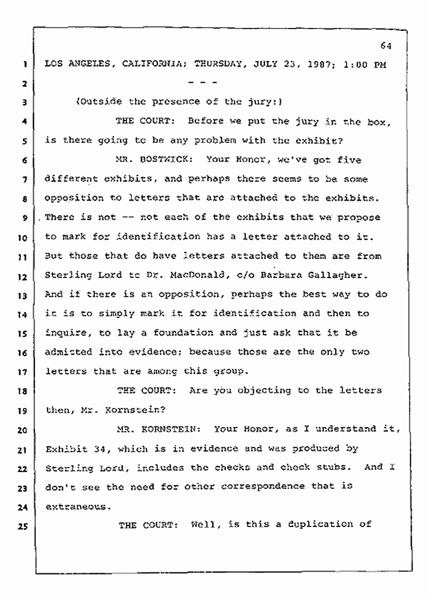 Los Angeles, California Civil Trial<br>Jeffrey MacDonald vs. Joe McGinniss<br><br>July 23, 1987:<br>Plaintiff's Witness: Barbara Gallagher, p. 64