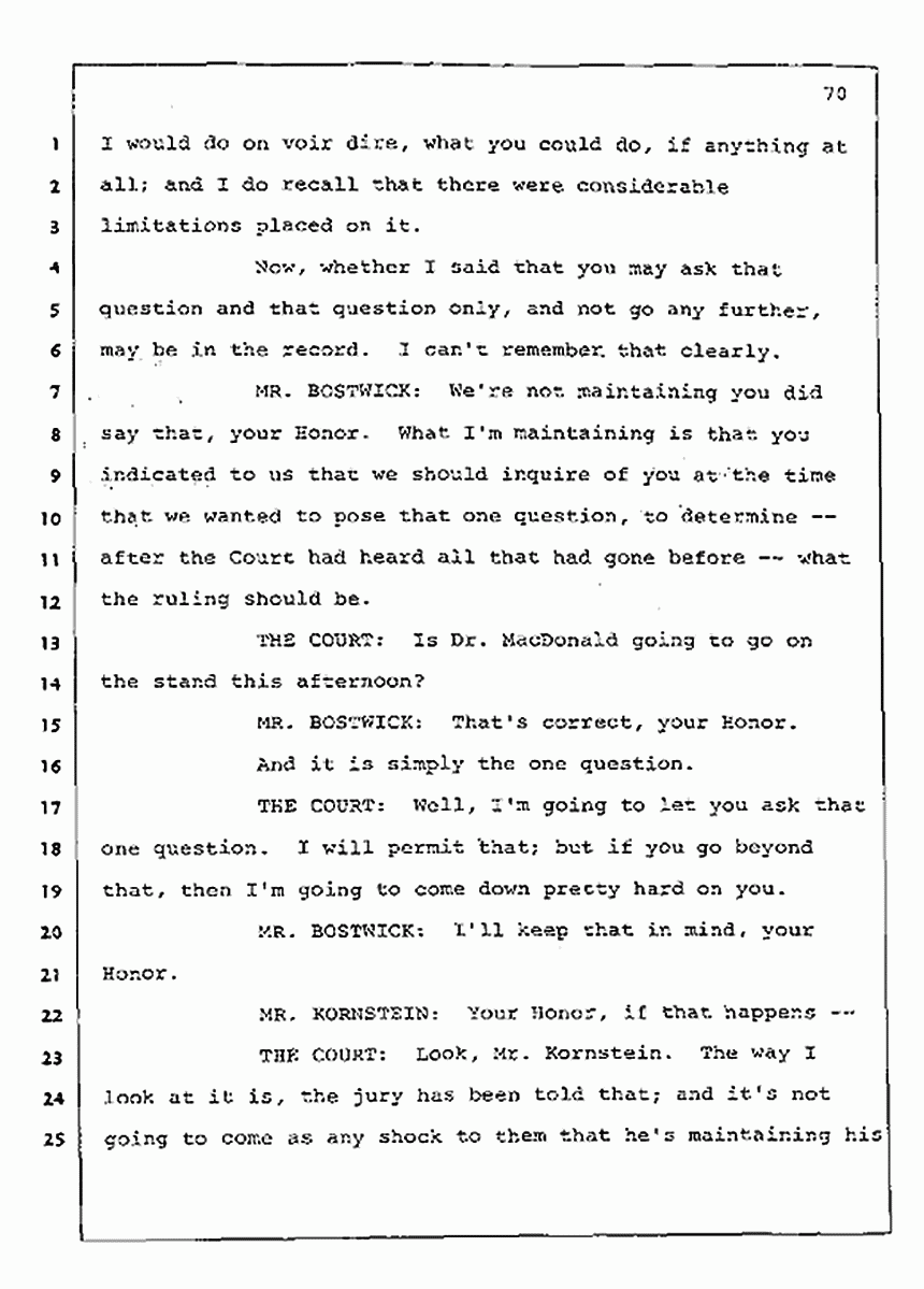 Los Angeles, California Civil Trial<br>Jeffrey MacDonald vs. Joe McGinniss<br><br>July 23, 1987:<br>Plaintiff's Witness: Barbara Gallagher, p. 70