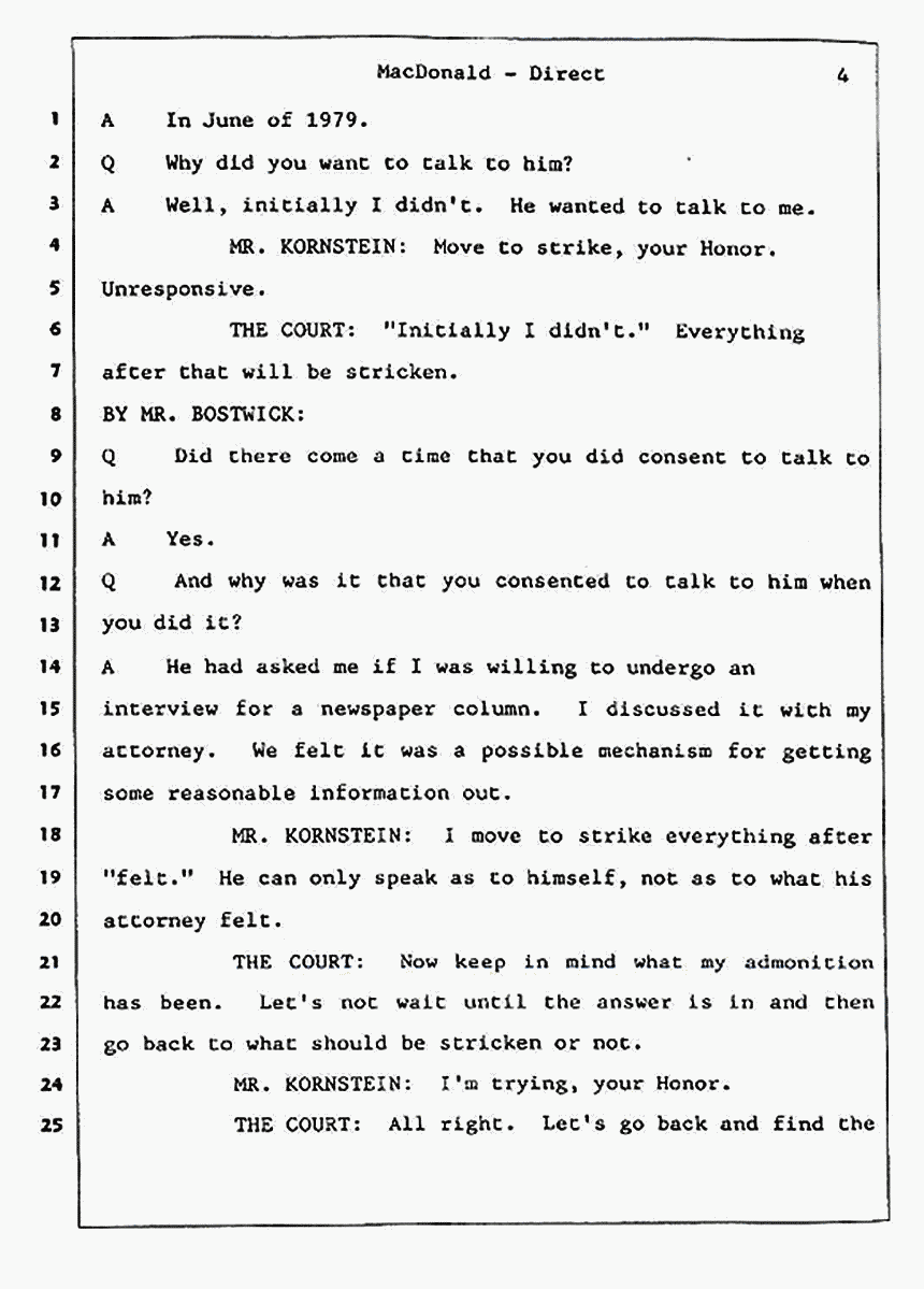 Los Angeles, California Civil Trial<br>Jeffrey MacDonald vs. Joe McGinniss<br><br>July 23, 1987:<br>Plaintiff's Witness: Jeffrey MacDonald, p. 4