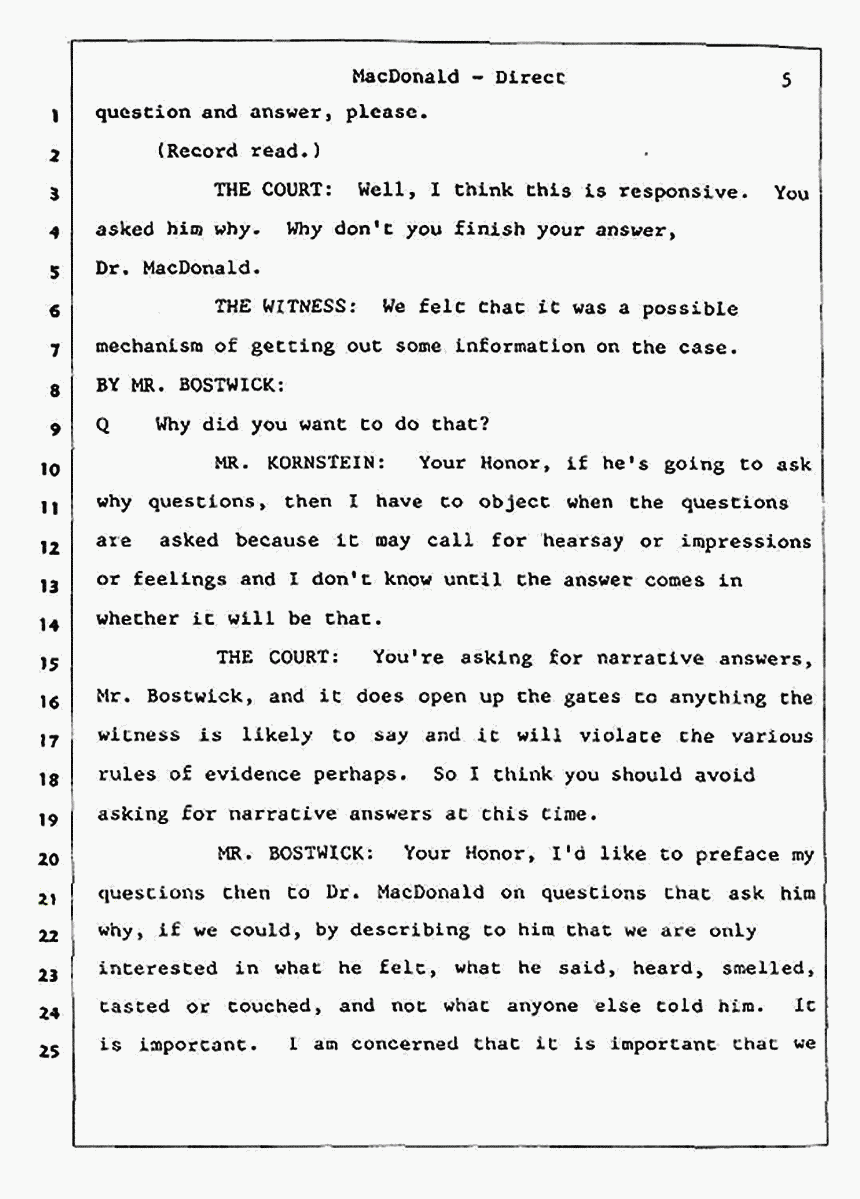 Los Angeles, California Civil Trial<br>Jeffrey MacDonald vs. Joe McGinniss<br><br>July 23, 1987:<br>Plaintiff's Witness: Jeffrey MacDonald, p. 5