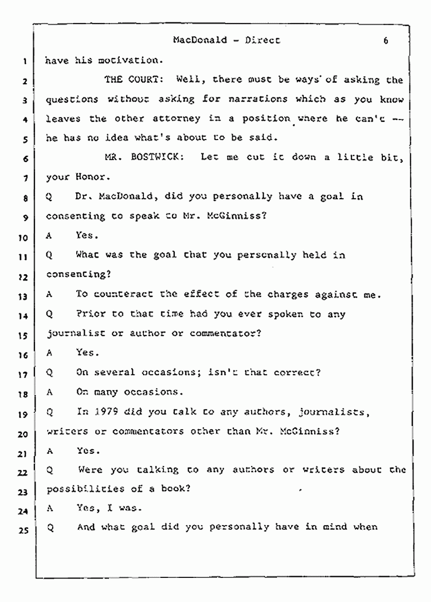 Los Angeles, California Civil Trial<br>Jeffrey MacDonald vs. Joe McGinniss<br><br>July 23, 1987:<br>Plaintiff's Witness: Jeffrey MacDonald, p. 6