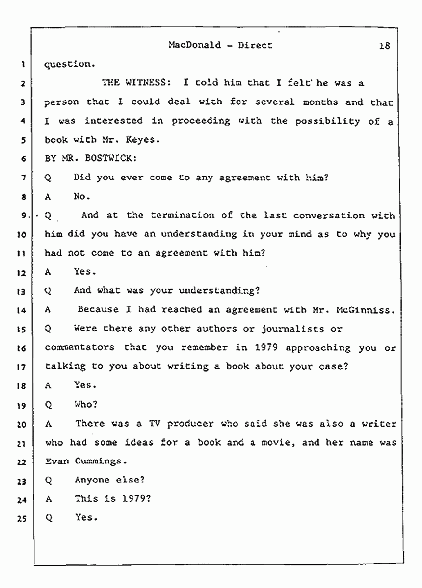 Los Angeles, California Civil Trial<br>Jeffrey MacDonald vs. Joe McGinniss<br><br>July 23, 1987:<br>Plaintiff's Witness: Jeffrey MacDonald, p. 18