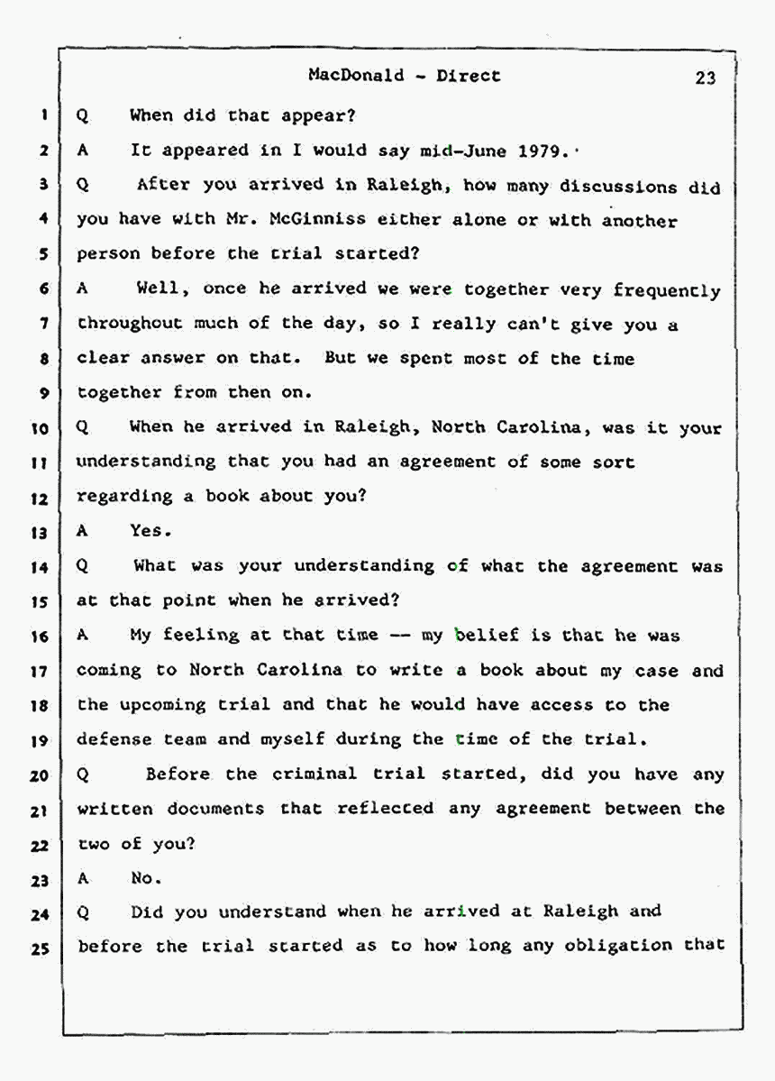 Los Angeles, California Civil Trial<br>Jeffrey MacDonald vs. Joe McGinniss<br><br>July 23, 1987:<br>Plaintiff's Witness: Jeffrey MacDonald, p. 23