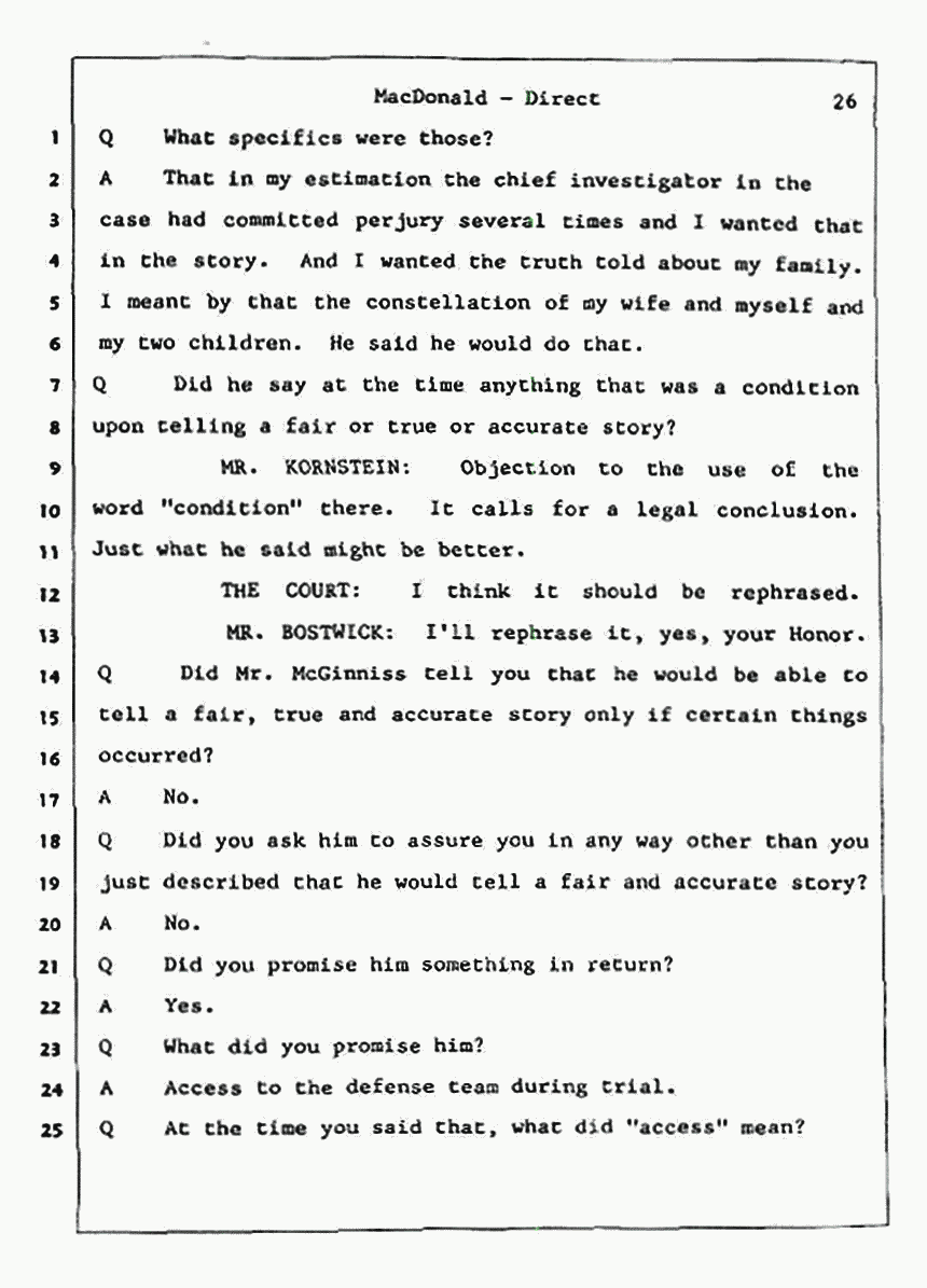 Los Angeles, California Civil Trial<br>Jeffrey MacDonald vs. Joe McGinniss<br><br>July 23, 1987:<br>Plaintiff's Witness: Jeffrey MacDonald, p. 26