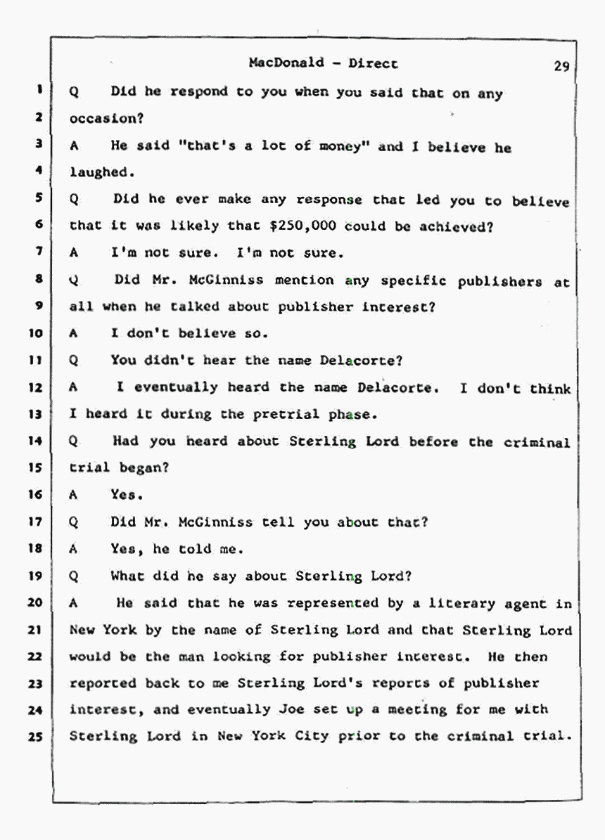 Los Angeles, California Civil Trial<br>Jeffrey MacDonald vs. Joe McGinniss<br><br>July 23, 1987:<br>Plaintiff's Witness: Jeffrey MacDonald, p. 29