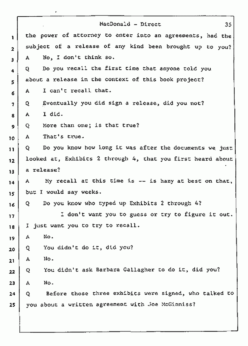 Los Angeles, California Civil Trial<br>Jeffrey MacDonald vs. Joe McGinniss<br><br>July 23, 1987:<br>Plaintiff's Witness: Jeffrey MacDonald, p. 35