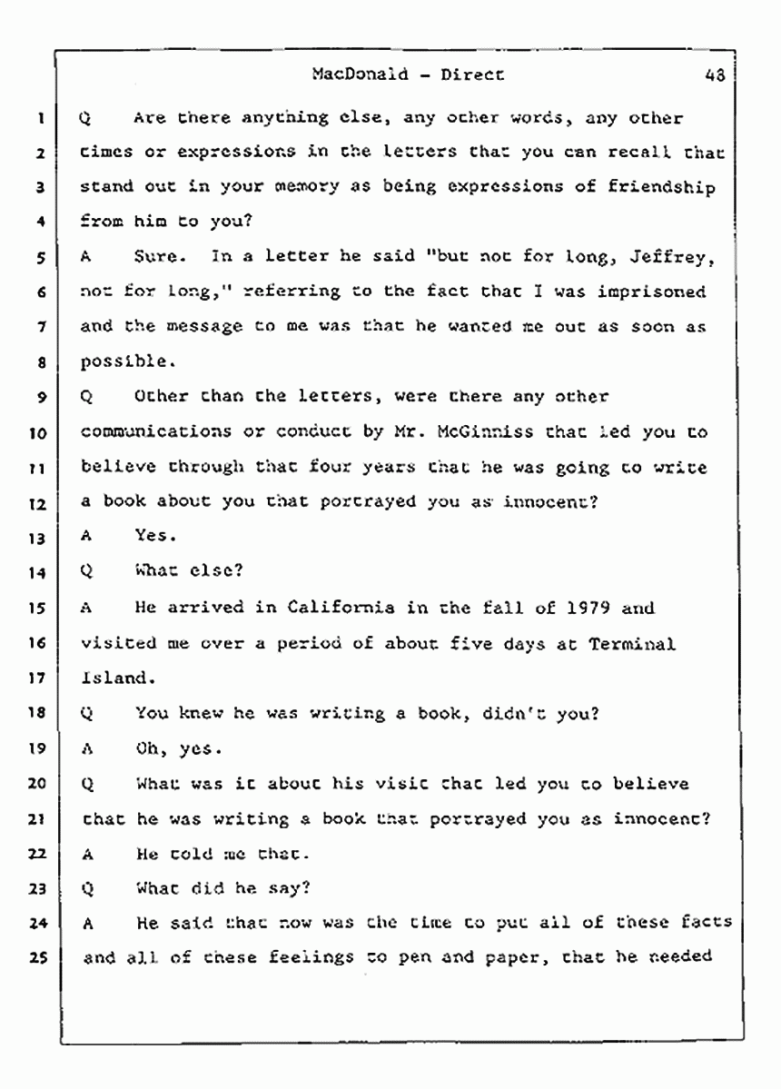 Los Angeles, California Civil Trial<br>Jeffrey MacDonald vs. Joe McGinniss<br><br>July 23, 1987:<br>Plaintiff's Witness: Jeffrey MacDonald, p. 48