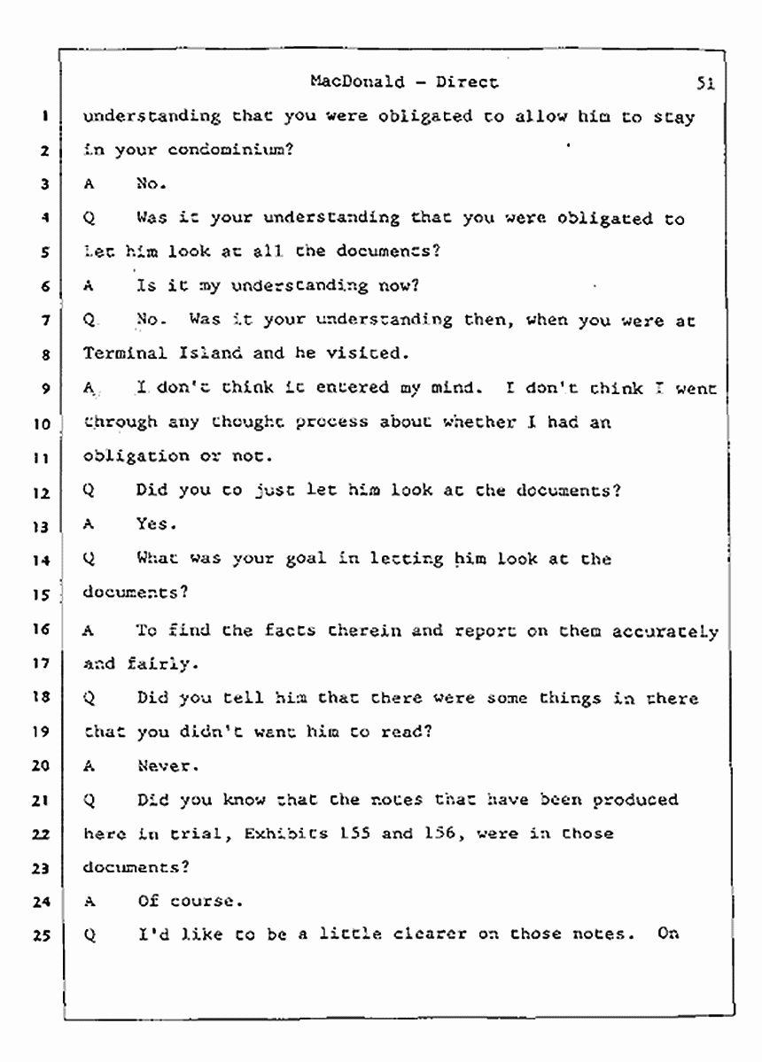 Los Angeles, California Civil Trial<br>Jeffrey MacDonald vs. Joe McGinniss<br><br>July 23, 1987:<br>Plaintiff's Witness: Jeffrey MacDonald, p. 51