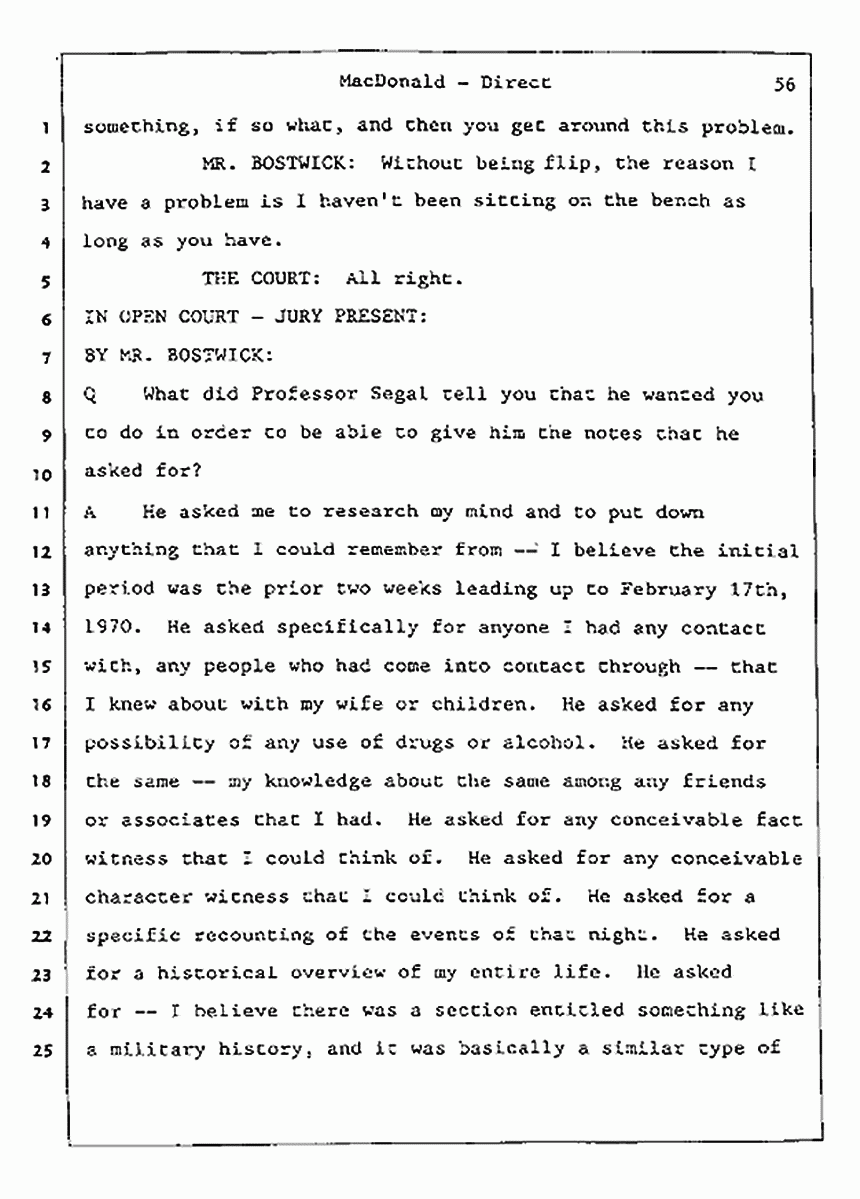 Los Angeles, California Civil Trial<br>Jeffrey MacDonald vs. Joe McGinniss<br><br>July 23, 1987:<br>Plaintiff's Witness: Jeffrey MacDonald, p. 56