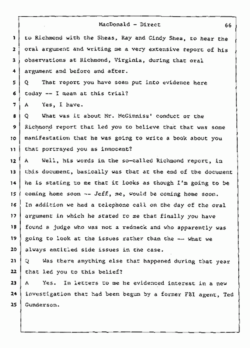 Los Angeles, California Civil Trial<br>Jeffrey MacDonald vs. Joe McGinniss<br><br>July 23, 1987:<br>Plaintiff's Witness: Jeffrey MacDonald, p. 66
