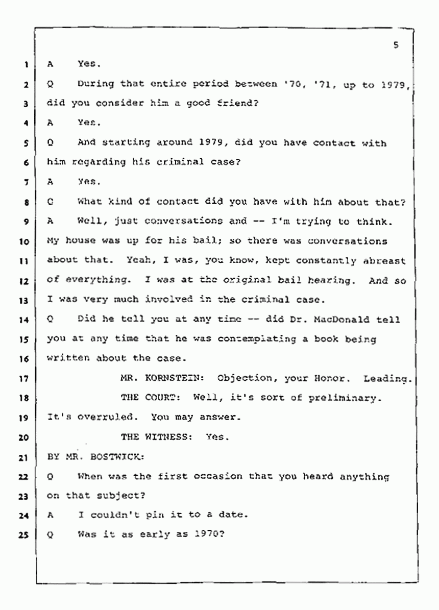 Los Angeles, California Civil Trial<br>Jeffrey MacDonald vs. Joe McGinniss<br><br>July 23, 1987:<br>Plaintiff's Witness: Dudley Warner, p. 5
