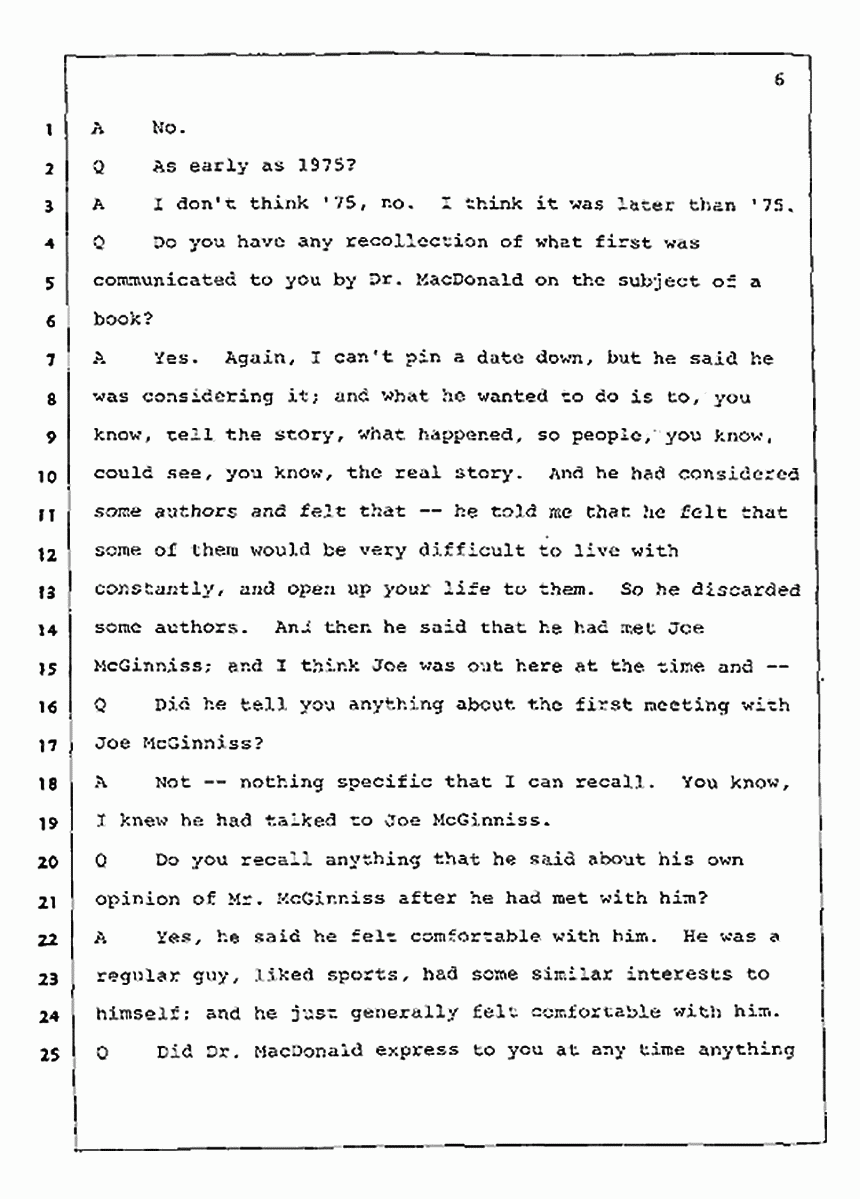 Los Angeles, California Civil Trial<br>Jeffrey MacDonald vs. Joe McGinniss<br><br>July 23, 1987:<br>Plaintiff's Witness: Dudley Warner, p. 6