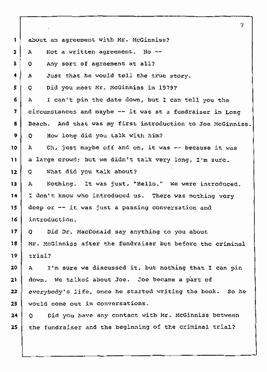 Los Angeles, California Civil Trial<br>Jeffrey MacDonald vs. Joe McGinniss<br><br>July 23, 1987:<br>Plaintiff's Witness: Dudley Warner, p. 7