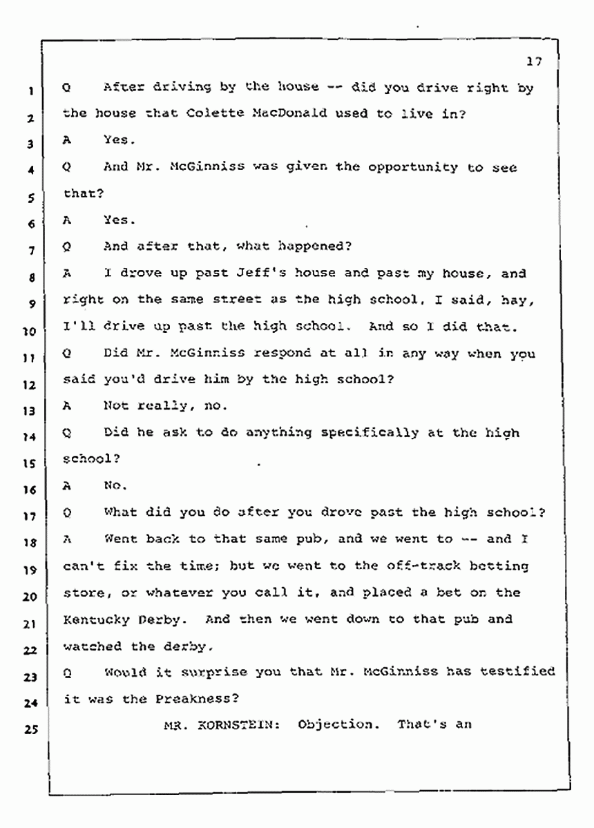 Los Angeles, California Civil Trial<br>Jeffrey MacDonald vs. Joe McGinniss<br><br>July 23, 1987:<br>Plaintiff's Witness: Dudley Warner, p. 17