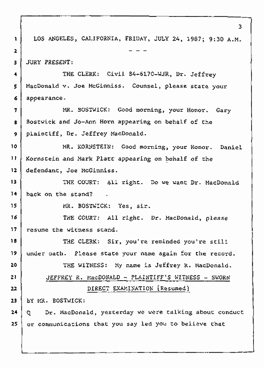 Los Angeles, California Civil Trial<br>Jeffrey MacDonald vs. Joe McGinniss<br><br>July 24, 1987:<br>Plaintiff's Witness: Jeffrey MacDonald, p. 3