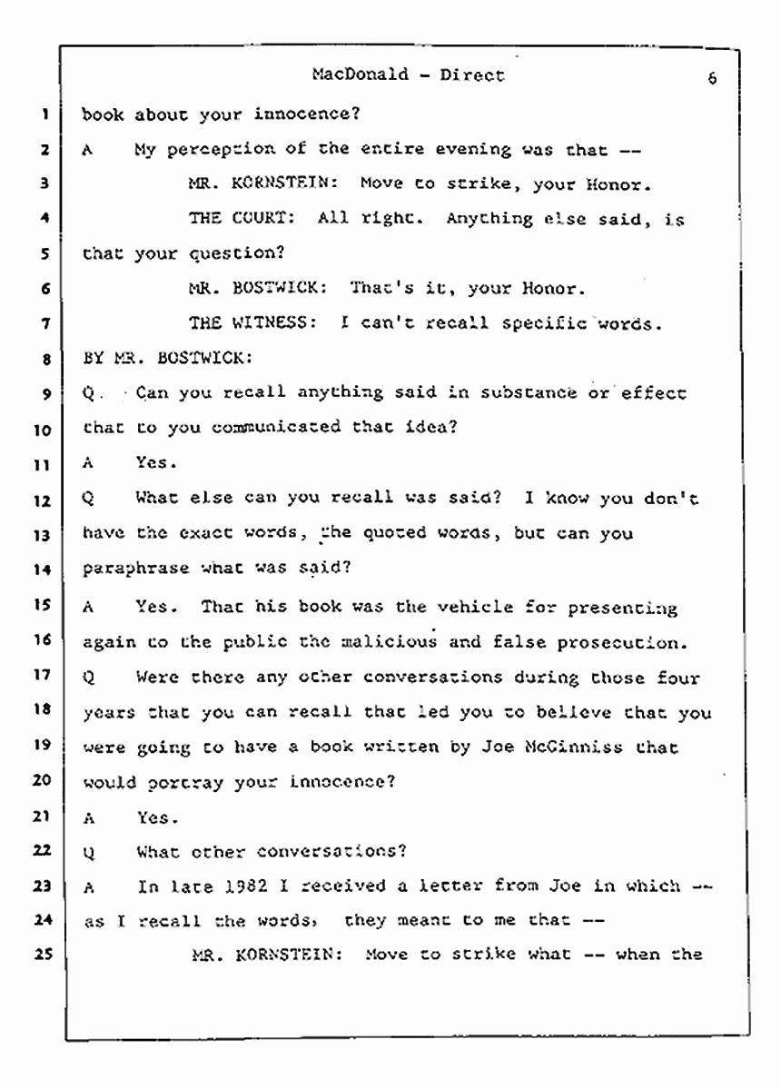 Los Angeles, California Civil Trial<br>Jeffrey MacDonald vs. Joe McGinniss<br><br>July 24, 1987:<br>Plaintiff's Witness: Jeffrey MacDonald, p. 6