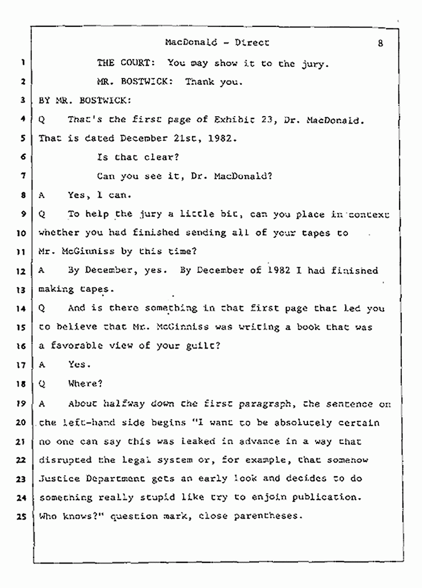 Los Angeles, California Civil Trial<br>Jeffrey MacDonald vs. Joe McGinniss<br><br>July 24, 1987:<br>Plaintiff's Witness: Jeffrey MacDonald, p. 8