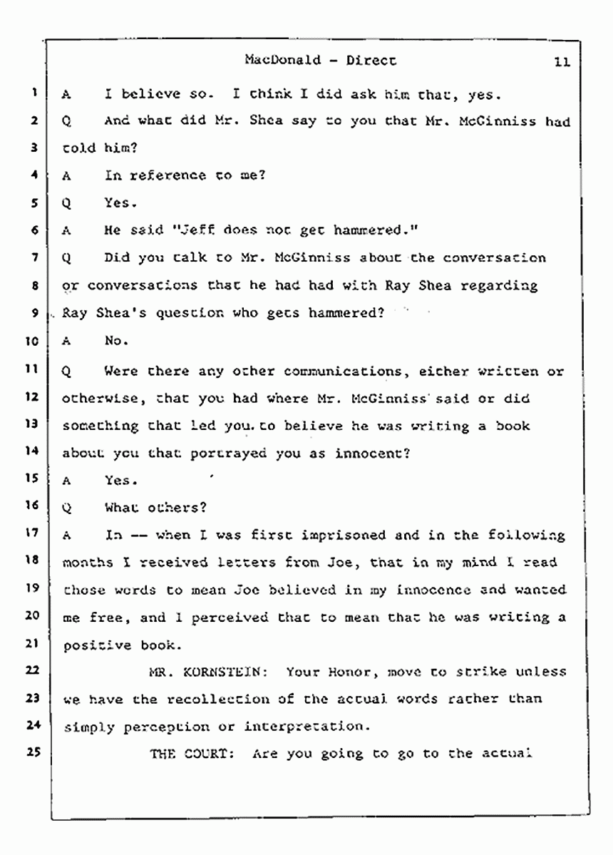 Los Angeles, California Civil Trial<br>Jeffrey MacDonald vs. Joe McGinniss<br><br>July 24, 1987:<br>Plaintiff's Witness: Jeffrey MacDonald, p. 11