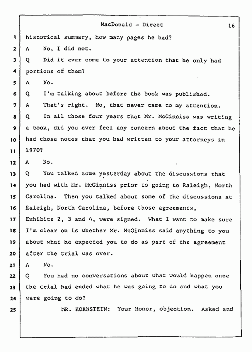 Los Angeles, California Civil Trial<br>Jeffrey MacDonald vs. Joe McGinniss<br><br>July 24, 1987:<br>Plaintiff's Witness: Jeffrey MacDonald, p. 16