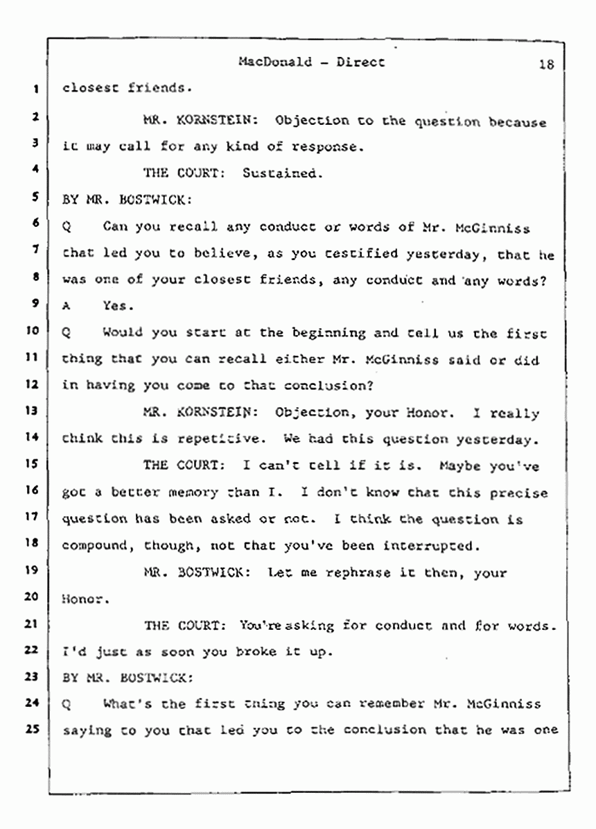 Los Angeles, California Civil Trial<br>Jeffrey MacDonald vs. Joe McGinniss<br><br>July 24, 1987:<br>Plaintiff's Witness: Jeffrey MacDonald, p. 18