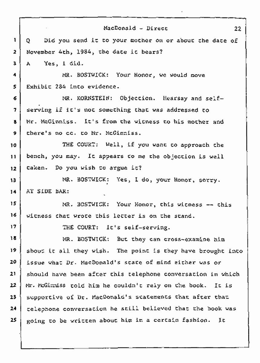 Los Angeles, California Civil Trial<br>Jeffrey MacDonald vs. Joe McGinniss<br><br>July 24, 1987:<br>Plaintiff's Witness: Jeffrey MacDonald, p. 22